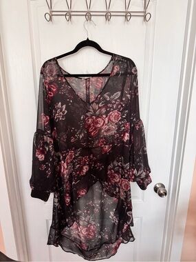 Leith Black Sheer Floral Blouse with Pink Rose Accents